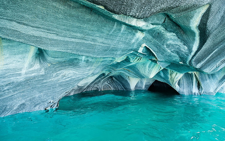 синя и бяла скална пещера, пейзаж, природа, Чили, езеро, скала, ерозия, тюркоаз, вода, пещера, скално образувание, HD тапет