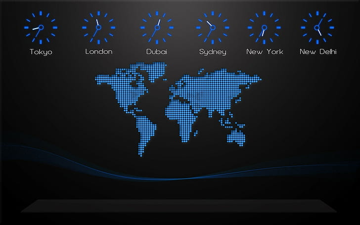 black background, world map, time zones, digital art, clocks, city, pixels, HD wallpaper