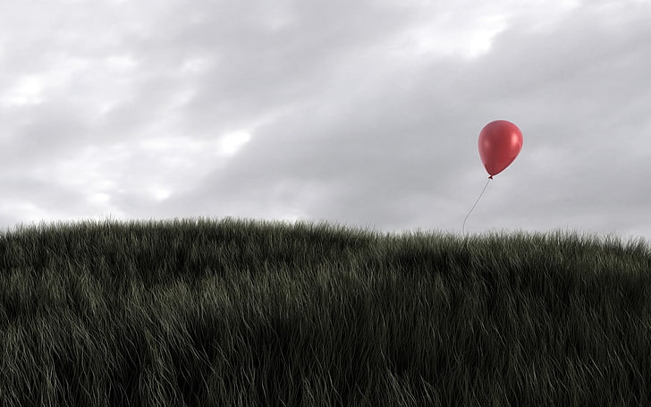 червен балон и поле със зелена трева, трева, вятър, небе, балон, червено, HD тапет