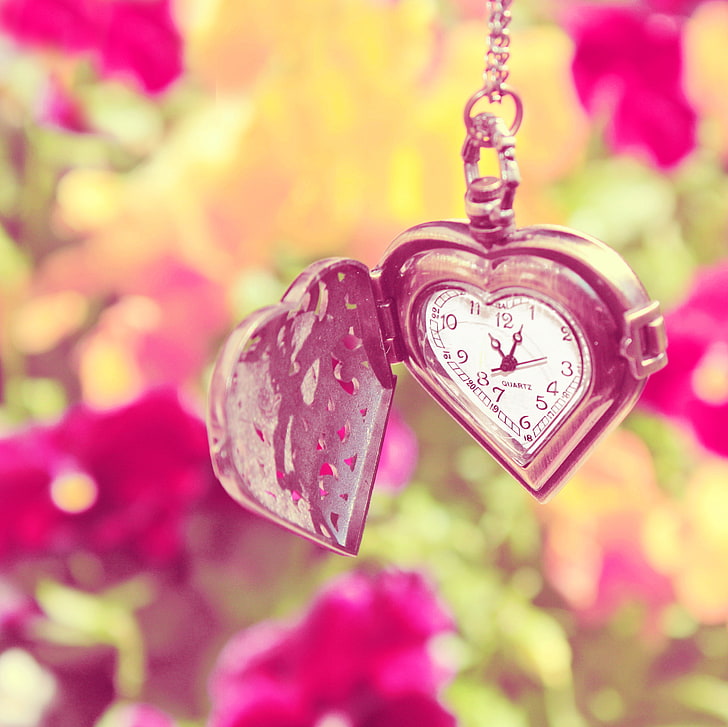 heart-shaped gold-colored pocket watch, summer, flowers, heart, watch, chain, HD wallpaper