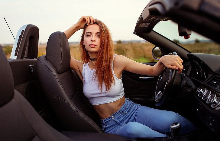 women, portrait, redhead, BMW, choker, tank top, jeans, nipple through clothing, women with cars, crop top, arms up, armpits, looking at viewer, HD wallpaper