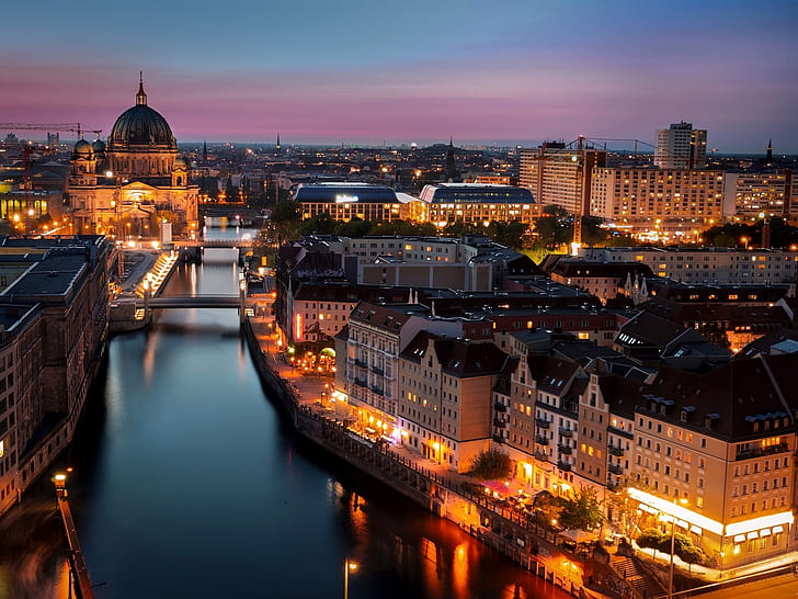 Berlin, Almanya, şehir, gece, ışıklar, binalar, nehir, Berlin, Almanya, Şehir, gece, ışıklar, binalar, nehir, HD masaüstü duvar kağıdı