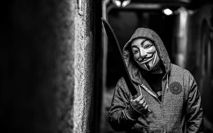 V für Vendetta Maske, Schwert, Monochrom, Hoodie, Gassen, Männer, HD-Hintergrundbild