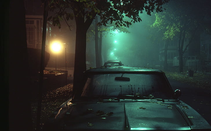夜、ライト、暗い、通り、霧、車、街灯、 HDデスクトップの壁紙