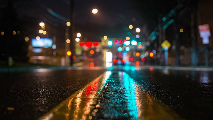 улица, городская, огни, мокрые, размытые, отражение, глубина резкости, дорога, HD обои