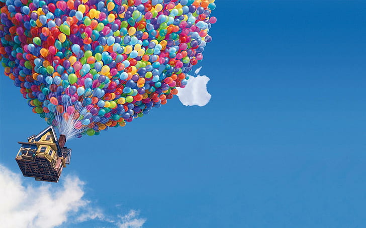 Apple logo and balloon house, assorted multicolored balloons and house edited photo, computers, 1920x1200, house, apple, macintosh, balloon, HD wallpaper