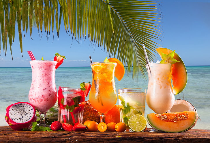 five clear drinking glasses, sea, berries, Palma, cocktail, tube, citrus, mint, HD wallpaper