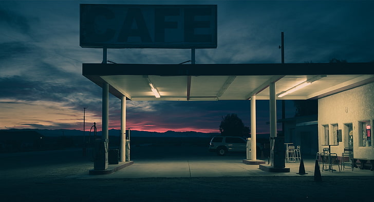 malam, penuh warna, lampu, pompa bensin, mobil, Wallpaper HD