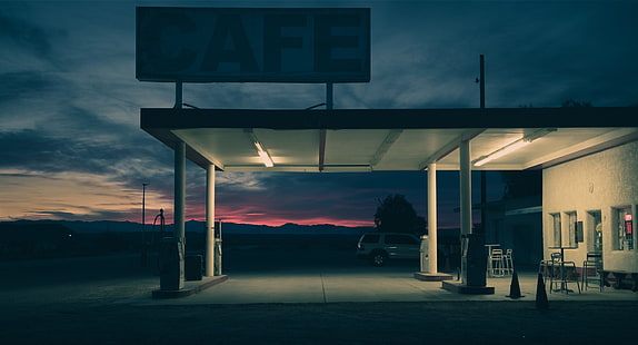 noc, kolorowe, światła, stacje benzynowe, samochód, Tapety HD HD wallpaper