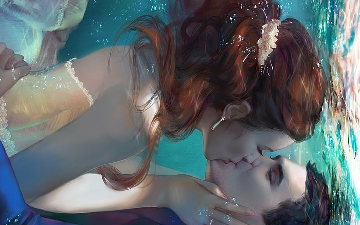 Фантазия, любов, кафява коса, двойка, целувка, мъж, под вода, жена, HD тапет