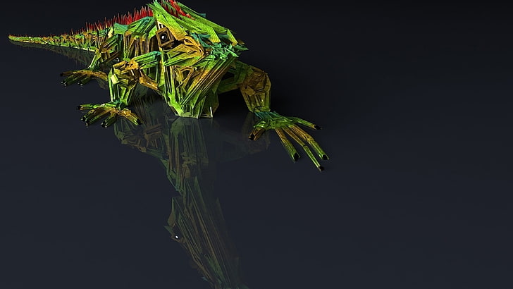 ilustrasi reptil hijau, seni digital, minimalis, CGI, latar belakang sederhana, hewan, 3D, iguana, refleksi, hijau, Wallpaper HD