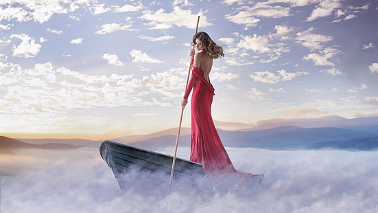 Червена рокля момиче, лодка, мъгла, облаци, крайбрежие, червено, рокля, момиче, лодка, мъгла, облаци, крайбрежие, HD тапет HD wallpaper