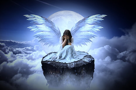 ファンタジー、天使、雲、泣いて、満月、悲しい、女性、 HDデスクトップの壁紙 HD wallpaper