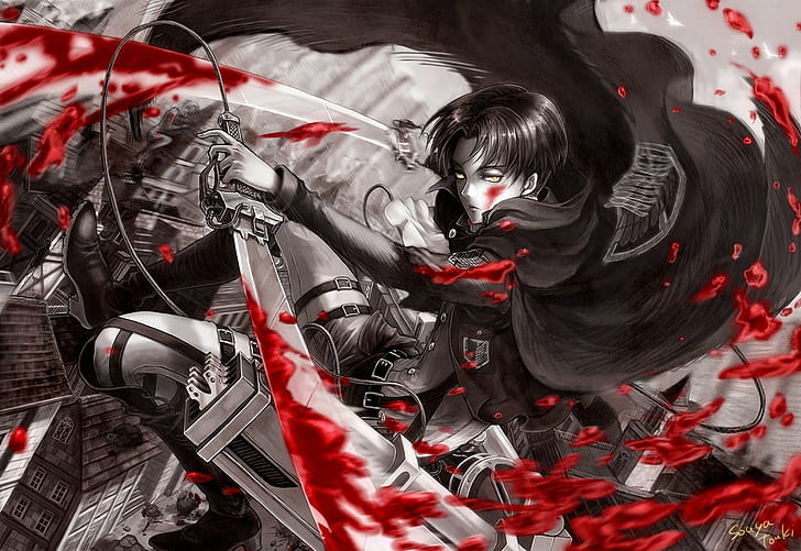 Anime, Attack On Titan, Blood, Levi Ackerman, Shingeki No Kyojin, Sword, HD tapet
