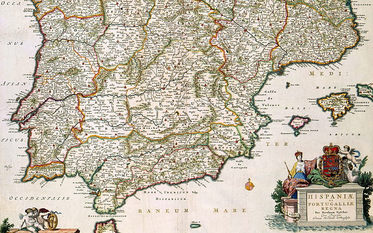 stare mapy, Hiszpania i Portugalia, Nicolas Visscher młodszy, Nicolaes Visscher II, 1680, Tapety HD