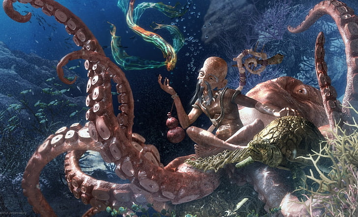 wallpaper gurita, gurita, di bawah air, makhluk, Wallpaper HD
