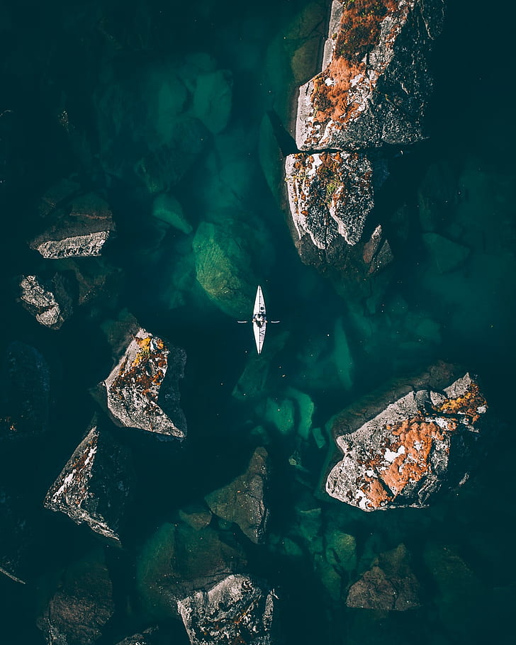 nature, landscape, water, aerial view, kayaks, rock, stones, transparency, sports, portrait display, sea, Tobias Hägg, photography, vertical, HD wallpaper