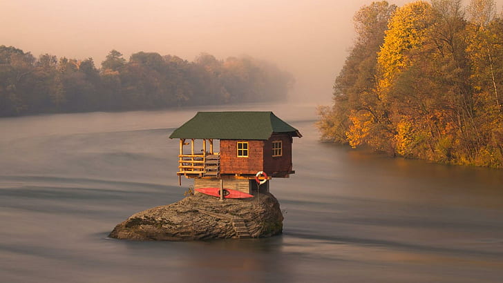 Location, Location, Location In Sebia, brown wooden house, mist, cabin, rock, river, kayak, nature and landscapes, HD wallpaper