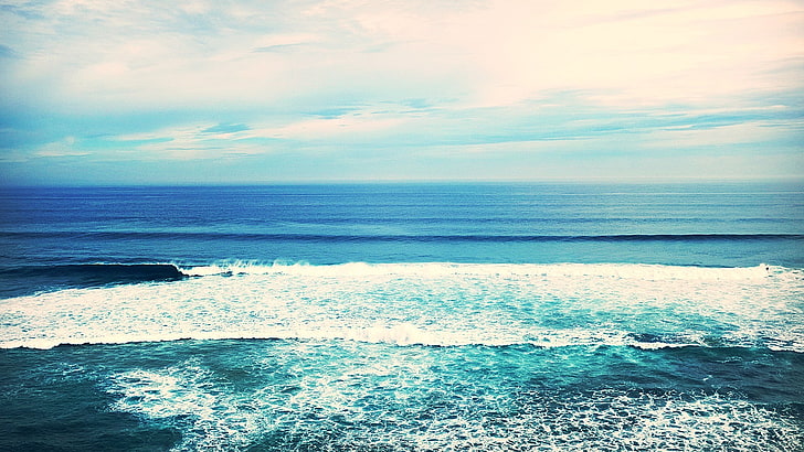 водно тяло, море, вълни, небе, природа, циан, синьо, HD тапет