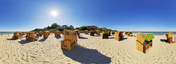 panorama photography brown wooden stall on beach, beach, HD wallpaper