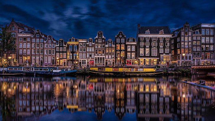 отражение, водный путь, вода, канал, городской пейзаж, сингел, небо, ночь, город, амстердам, вечер, нидерланды, канал сингел, река, сумерки, HD обои