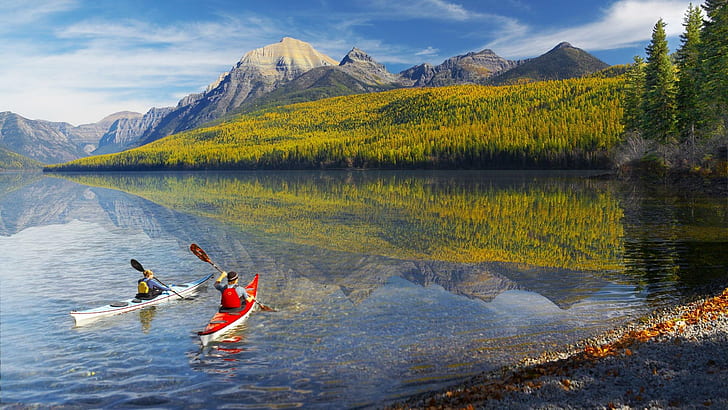 Kayak autour du lac, nature, blanc, forêt, eau, arbres, kayaks, bleu, bateaux, automne, nuages, lac, peopl, Fond d'écran HD