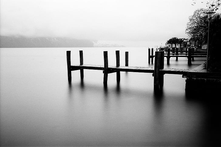 gray-scale photo of wooden dock, weggis, ilford, weggis, ilford, Weggis, Ilford Delta, gray-scale, photo, wooden, dock, Ric, Capucho, Leica M6, Analog, Analogue, 35mm Film, B/W, Creative Commons, Flickr, Explore, Scout, best camera, prime lens, left eye, Long Exposure, wood - Material, nature, lake, pier, water, outdoors, jetty, landscape, tranquil Scene, sea, HD wallpaper