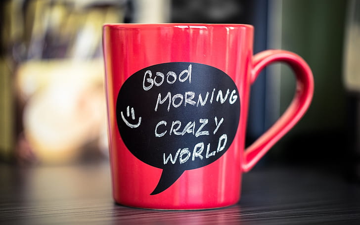 Rote Tasse, Tasse, rote und schwarze verrückte Weltkeramikkaffeetasse des gutenmorgens, Rot, Tasse, Schale, HD-Hintergrundbild