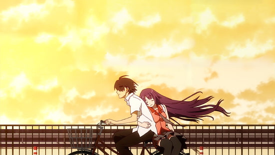 Anime, Monogatari (serial), Bakemonogatari, Bike, Hitagi Senjōgahara, Koyomi Araragi, Sunset, Tapety HD HD wallpaper
