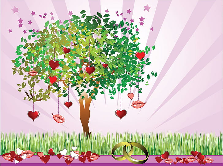The Love Tree, romantic, love, valentine, hearts, lips, tree, wedding, kiss, 3d and abstract, HD wallpaper