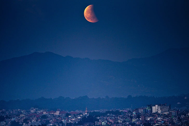 silhouette of mountain, blood moon, blood moon 2015, shortest eclipse of the century, national geographic, HD wallpaper