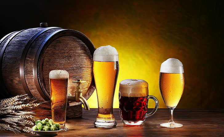 Beer - Pivo, four clear beer glasses, Food and Drink, HD wallpaper
