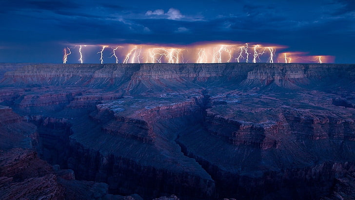 lightning on cliff wallpaper, nature, landscape, clouds, lightning, USA, Grand Canyon, horizon, long exposure, rock, rock formation, valley, photography, canyon, storm, HD wallpaper