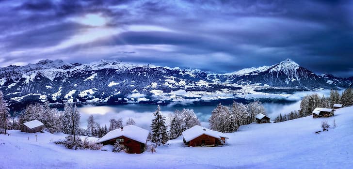 winter, snow, trees, mountains, lake, Switzerland, village, houses, Lake Thun, Bernese Alps, The Bernese Alps, Thunersee, Тунерзее, HD wallpaper