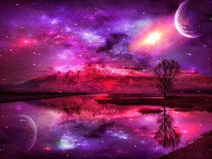 Фантазия, пейзаж, езеро, луна, лилаво, HD тапет HD wallpaper