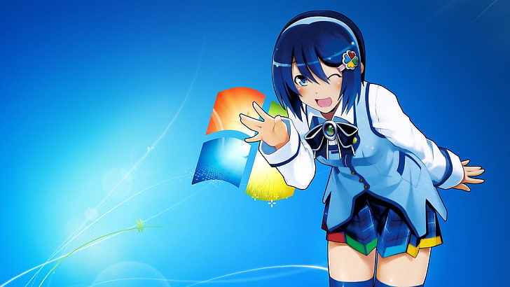 파란 머리 여성 애니메이션 캐릭터 일러스트, Windows 7, 애니메이션 소녀들, Madobe Nanami, os-tan, HD 배경 화면
