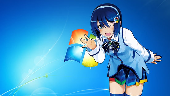 رسم توضيحي لشخصية أنمي ذات شعر أزرق ، Windows 7 ، فتيات أنيمي ، Madobe Nanami ، os-tan، خلفية HD HD wallpaper