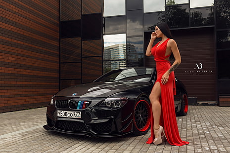 macchina, auto, ragazza, posa, stile, modello, BMW, vestito, tatuaggio, taglio, vestito rosso, Alex Bazilev, Oxy Konovalov, Sfondo HD HD wallpaper