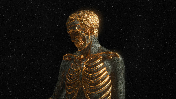 darkness, skull, teeth, bones, skeleton, gold, gold plated, human, HD wallpaper