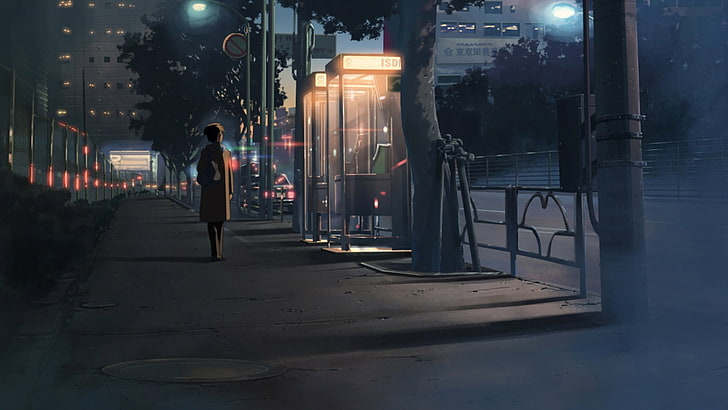 電話ボットの横に歩く人HD壁紙、夜、都市、5センチメートル/秒、アニメ、 HDデスクトップの壁紙
