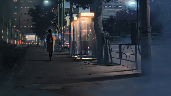 osoba idąca obok robota telefonicznego Tapeta HD, noc, miasto, 5 centymetrów na sekundę, anime, Tapety HD HD wallpaper