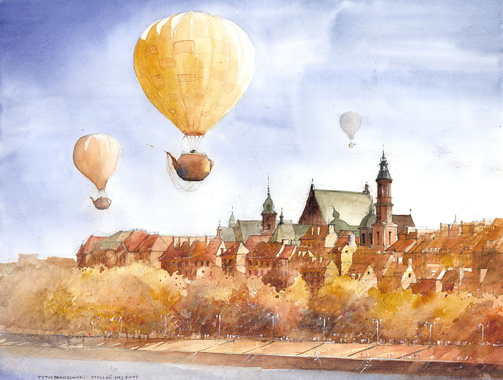 painting of kettle-themed hot air balloon, trees, the city, surrealism, figure, art, flight, promenade, Tytus Brzozowski, kettles, HD wallpaper