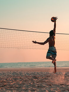 волейбол, плажна топка, плаж, спорт, мъже, без риза, HD тапет HD wallpaper