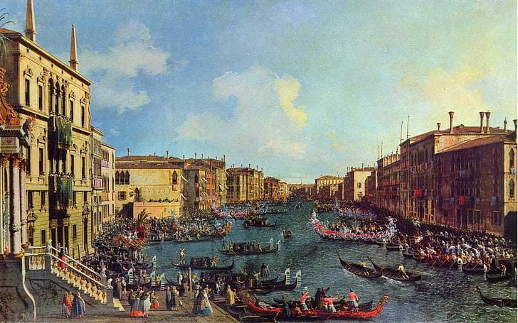 река между городами с гуляющими людьми, произведения искусства, живопись, гондолы, Венеция, Италия, канал, классическое искусство, HD обои