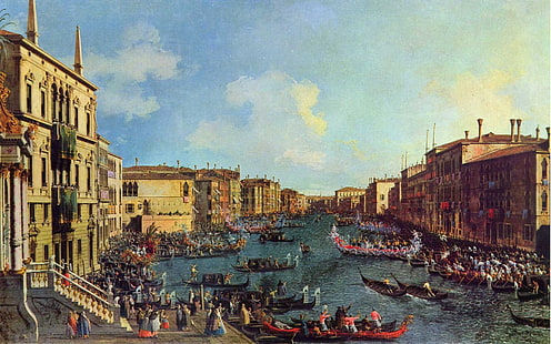 fiume tra città con persone che camminano intorno, opere d'arte, pittura, gondole, Venezia, Italia, canale, arte classica, Sfondo HD HD wallpaper