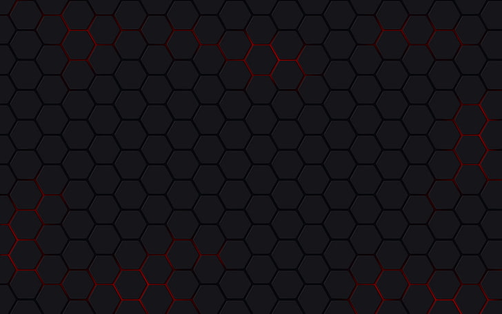 червено, мрежа, черен фон, шестоъгълници, HD тапет