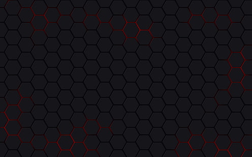 красный, сетка, чёрный фон, шестиугольники, HD обои HD wallpaper