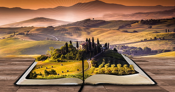 открытая книга с полями травы и высокими деревьями 3D обои, книга, пейзаж, декорации, 4K, HD обои HD wallpaper