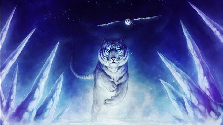 tiger and owl digital wallpaper, white tigers, owl, HD wallpaper