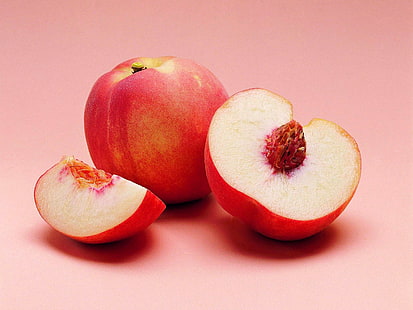two apple fruits, peach, slice, bone, fruit, HD wallpaper HD wallpaper